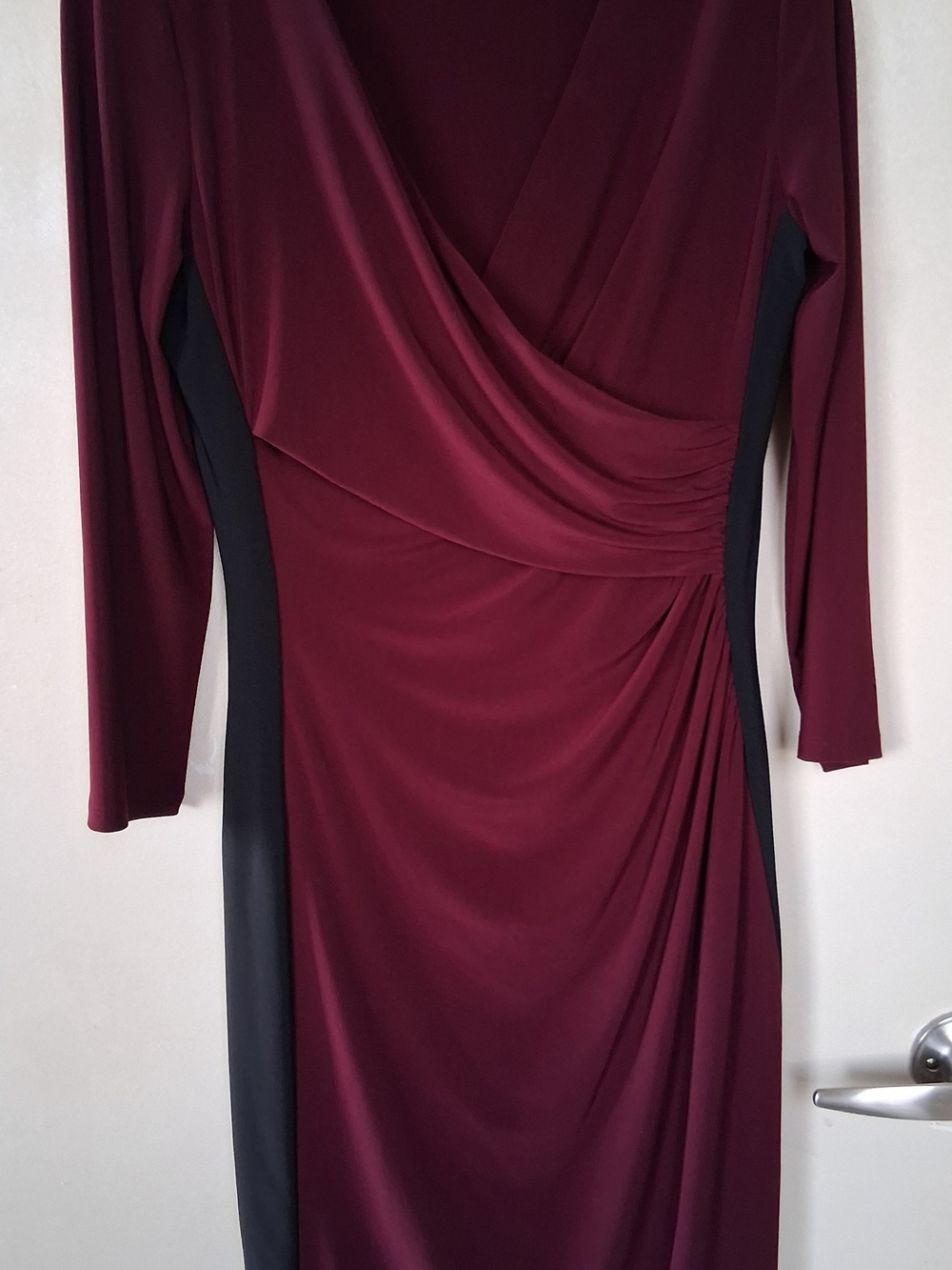 Ralph Lauren Women's Burgundy Wrap-Front Dress with Black Side Panels